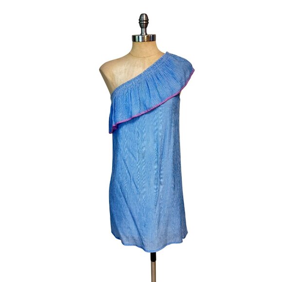 Lilly Pulitzer Blue Pink Emmeline One Shoulder Seersucker Mini Dress XS - Picture 3 of 7